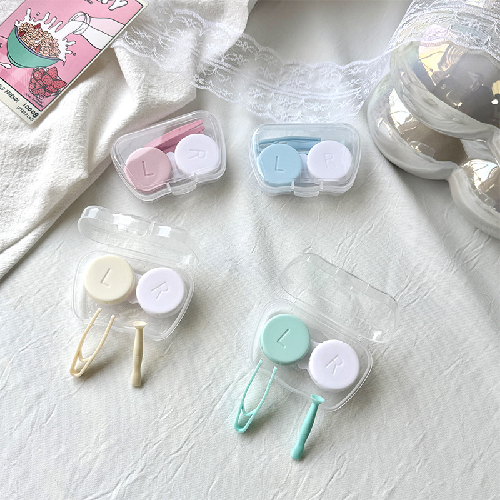 Cream Dual Contact Lens Case with Tweezers, Portable Travel Storage Box