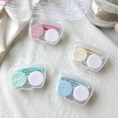 Cream Dual Contact Lens Case with Tweezers, Portable Travel Storage Box