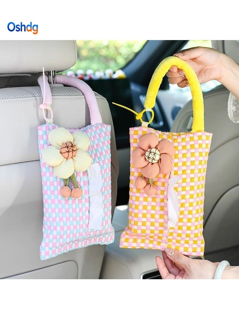 Porta Pañuelos de Coche Tela Cuadros Rosa Colgante