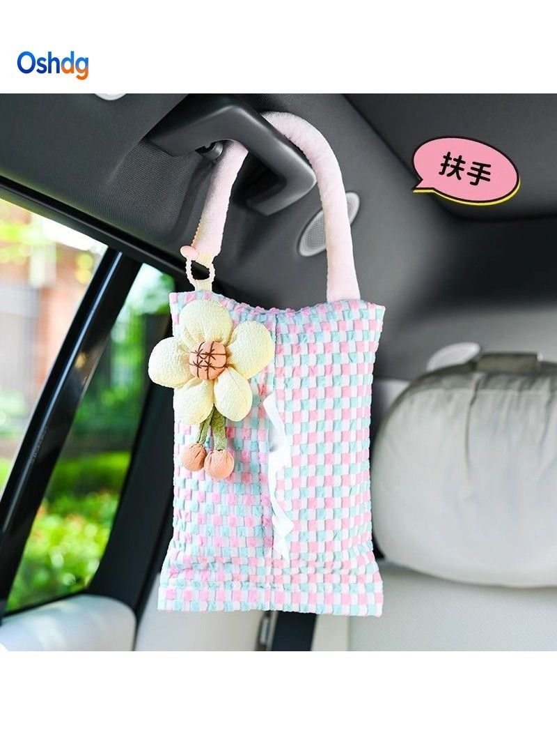 Pink Plaid Car Tissue Box Hanging Fabric Napkin Holder Home Decor