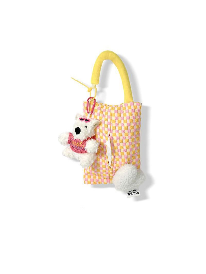 Pink Plaid Fabric Car Tissue Box Hanging Holder for Auto Interior