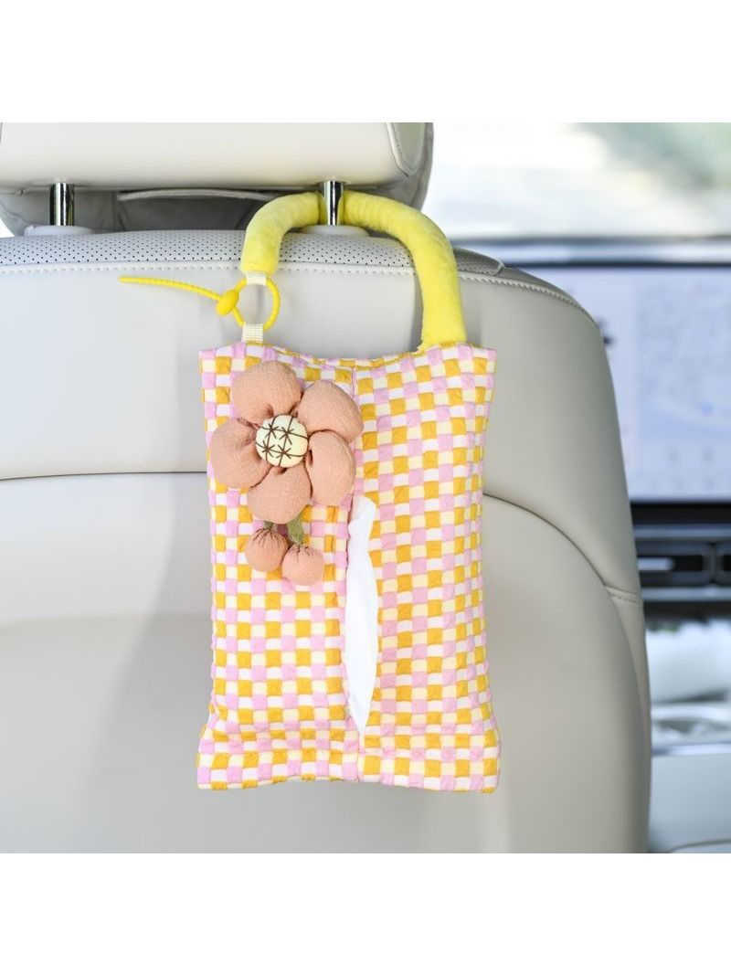 Pink Plaid Hanging Car Tissue Box, Portable Fabric Holder for Auto